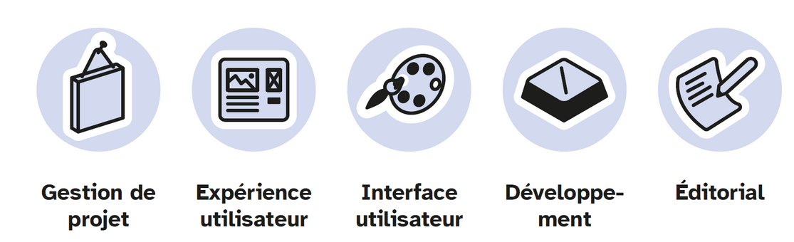 Picots représentant les domaines d'application du jeu : gestion de projet, expérience utilisateur, interface utilisateur, développement, éditorial