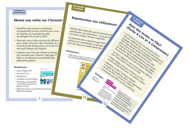 Trois exemples de cartes décrivant les bonnes pratiques d'inclusivité numérique : mener une veille sur l'inclusivité, représenter ses utilisateurs, utiliser des textes en FLAC (facultatif) 